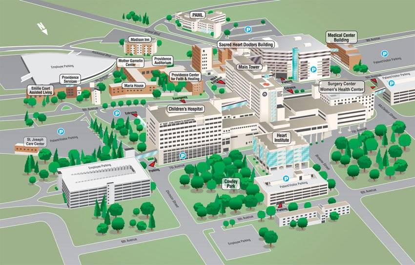 Mapa del campus del Centro Médico del Sagrado Corazón.