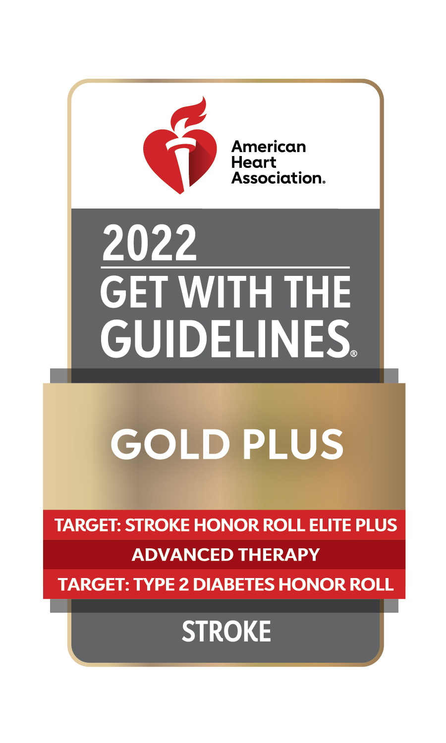 Asociación Americana del Corazón 2022 Consigue con las Directrices Gold Plus Target: Stroke Honor Roll Elite Plus Objetivo de terapia avanzada: Escribe 2 Carrera de cuadro de honor de diabetes